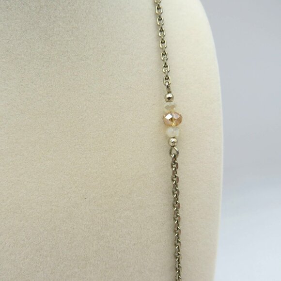 Tassel Beaded Necklace Crystal Encrusted Bead Champagne Cream Beads Silver Tone - Picture 3 of 8